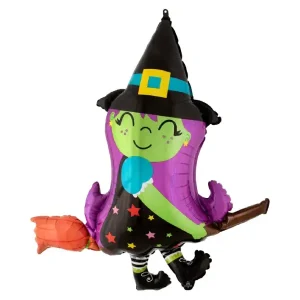 Whimsical witch figure foil balloon with a pointed hat and a mischievous grin, perfect for Halloween decorations.