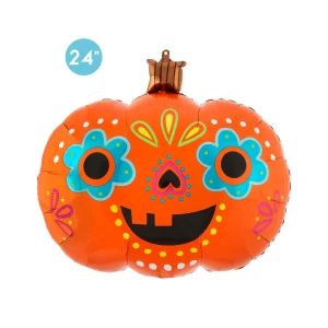 ay of the Dead-inspired pumpkin foil balloon with vibrant and colorful designs, perfect for Halloween and Dia de Los Muertos decorations.