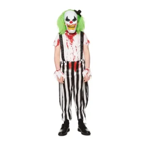 Evil Clown Kids Halloween Costume with Top, Trousers, Mask, Hat, and Wrist Cuffs for Spooky Dress-Up Fun