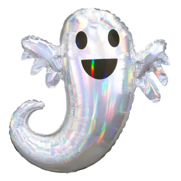 Ghost-shaped iridescent holographic foil balloon for Halloween party décor