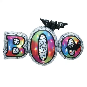 Halloween Boo holographic foil balloon, 35-inch size with reflective "Boo" text, ideal for spooky party décor.