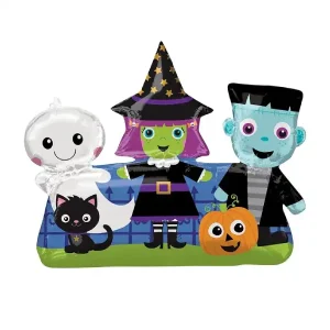 Halloween Friends Foil Balloon featuring ghost, witch, Frankenstein, black kitten, and pumpkin