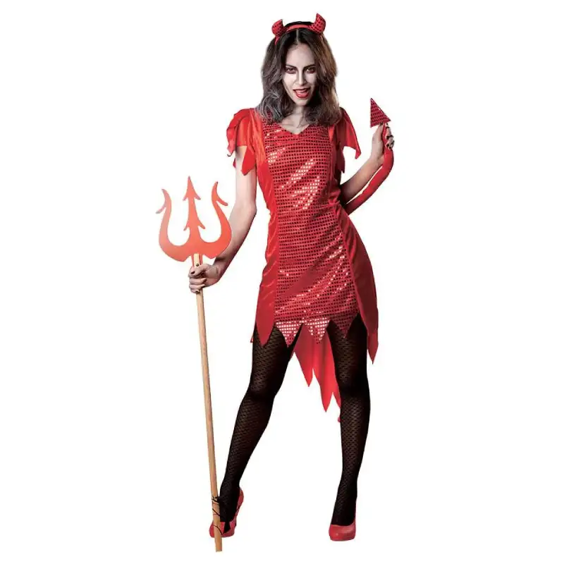 Lady Devil Adult Halloween Costume with Knee-Length Dress and Headband for Cosplay and Theme Parties