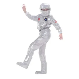 Space Man Costume for kids, complete with jacket, pants, helmet, and boot covers.