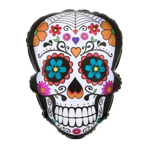 Ornately decorated sugar skull SuperShape balloon for Halloween and Dia de Los Muertos parties