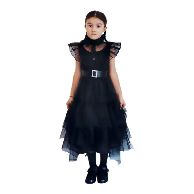 Wednesday Fancy Black Prom Dress Child Halloween Costume with Belt for Trick-or-Treat and Roleplay