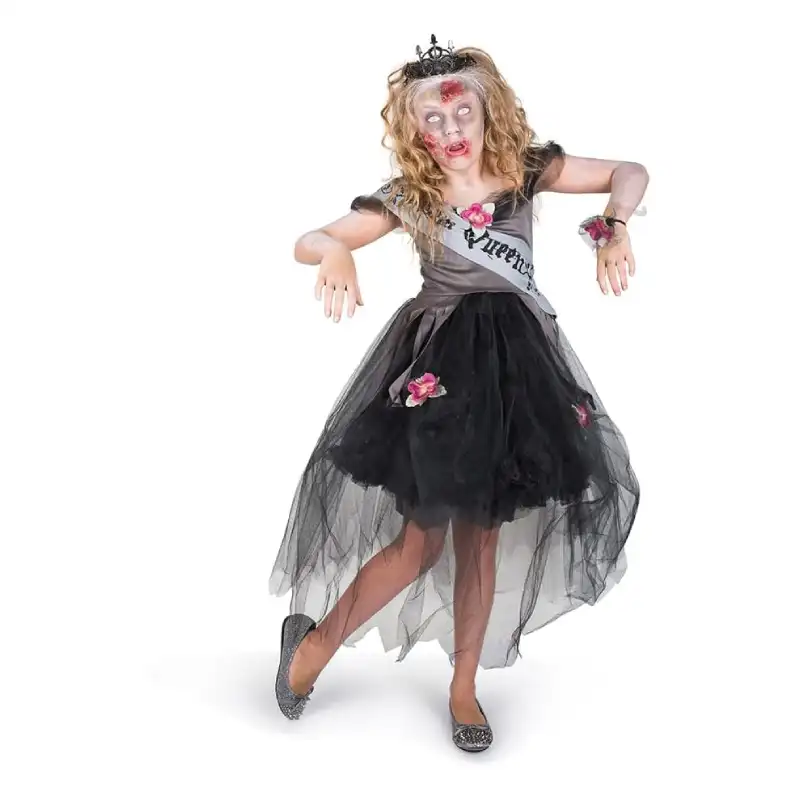 Zombie Prom Queen Kids Halloween Costume with Black Dress, Sash, Crown, and Corsage for Trick-or-Treat and Roleplay