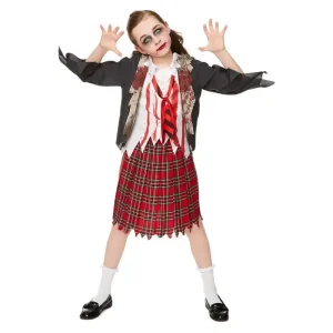 Zombie School Girl Red Kids Halloween Costume with Top and Skirt for Trick-or-Treat and Roleplay