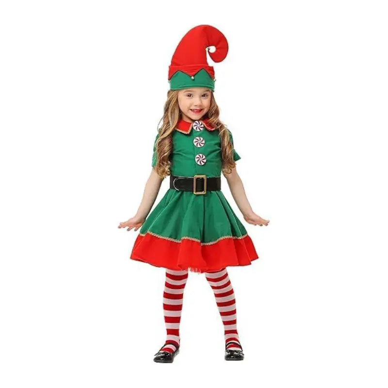 Christmas Elf Costume for Kids with red and green dress, pompom hat, belt, and striped stockings