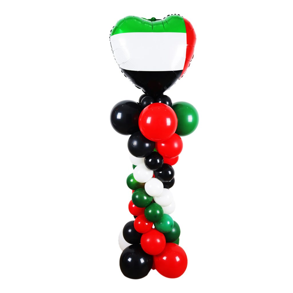 2-meter UAE National Day Balloon Pillar with flag balloon topper in red, black, white, and green for entrance and stage decoration