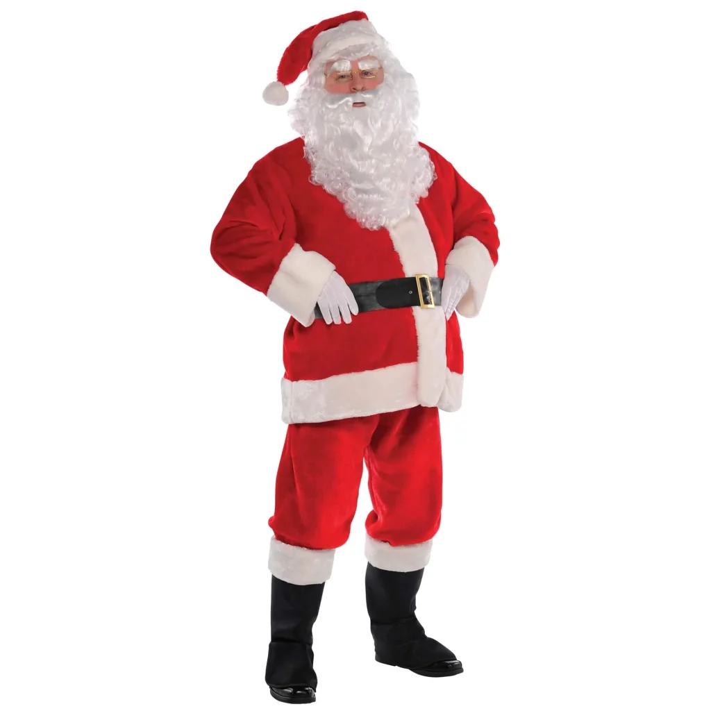 Complete Adult Santa Suit Christmas Costume with beard, wig, jacket, pants, and accessories