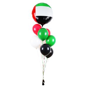 UAE National Day Balloon Bunch with 5 latex balloons in red, white, black, green, and a 24-inch flag color foil balloon with matching strings