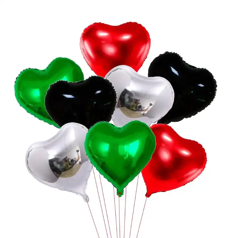 Heart-shaped UAE National Day helium balloons in red, black, silver, and green, 12-piece set