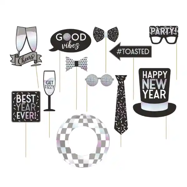 Disco Balls Hot Stamped Jumbo New Year Photo Props in black and silver, featuring fun shapes like disco balls, hats, glasses, and signs for New Year parties.