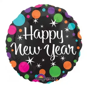 Happy New Year Colorful Dots Foil Balloon, 21-inch round balloon with a black base, colorful dots, and white "Happy New Year" print.