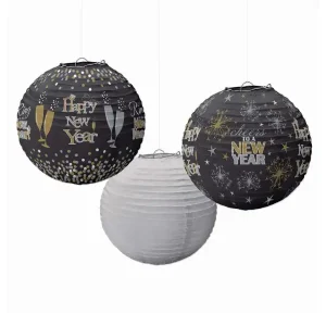 Black and gold ball-shaped Happy New Year Printed Lanterns for stylish New Year party hanging decorations.