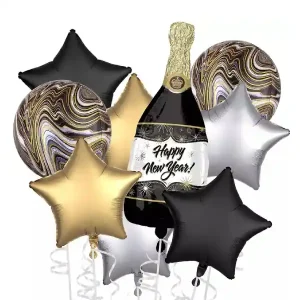 Happy New Year Balloon Bouquet in black, gold, and silver foil for New Year 2024 decorations.