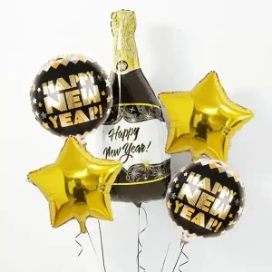 Black Champagne bottle and stars foil balloon bouquet in black and gold for New Year 2024 celebrations.