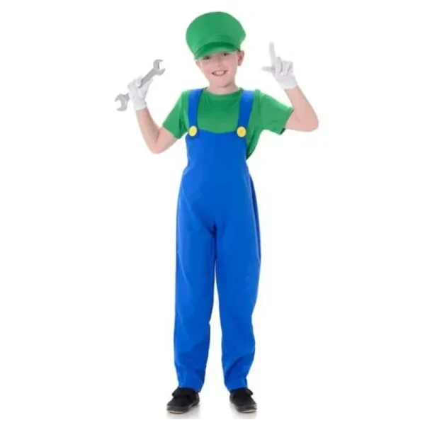 Green Plumber Luigi Kids Costume in blue and green for kids under eight years old.