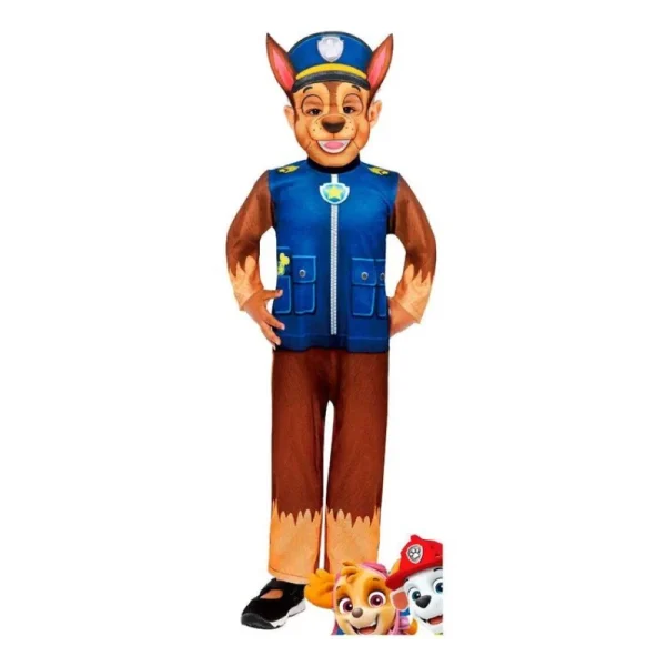 Paw Patrol Chase Kids Costume in blue and brown with jumpsuit and mask for kids under eight years old.