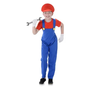 Child Gaming Red Plumber Boy Costume in blue and red with overalls, t-shirt, and cap for kids under eight years old.