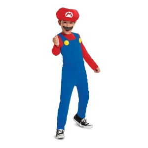 Red Plumber Mario Style Boys Fancy Dress Costume in blue and yellow for kids under eight years old.